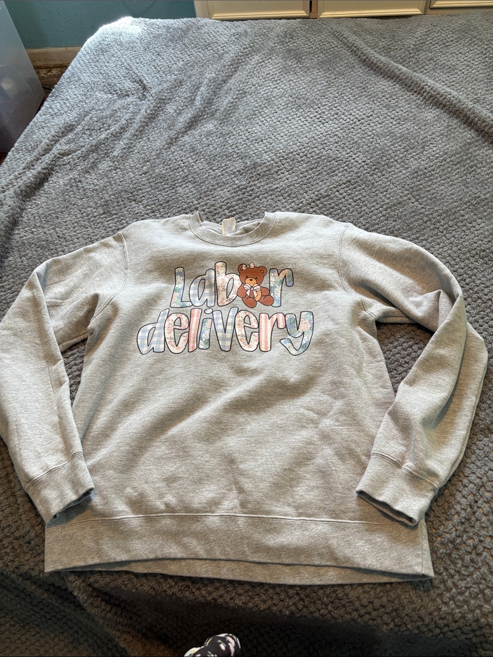 Womens size M Gray "Labor Delivery" Graphic Crewneck Sweater